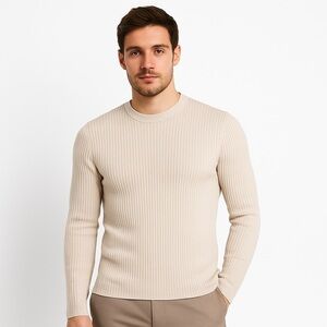 BOOHOOMAN Men's Tan Ribbed Crew Neck Lightweight Sweater Size M